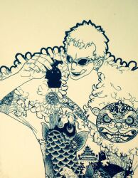  1boy blonde_hair chess_piece donquixote_doflamingo earrings feather_coat highres holding holding_chess_piece jewelry knight_(chess) male_focus marineford monochrome one_piece open_mouth short_hair smile sunglasses symbolism tattoo tongue tongue_out traditional_media tutugui 