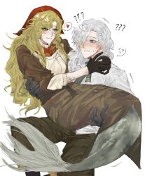  2girls blonde_hair blush confused fins fish_tail grey_hair heart highres long_skirt mdnight_ky56 mermaid monster_girl multiple_girls pants red_scarf reverse:1999 scales scarf shirt skirt spoken_heart tail vila_(reverse:1999) white_shirt windsong_(reverse:1999) yuri 