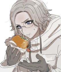  1boy aotsuki_eito bacon black_gloves burger eating food food_on_face glasses gloves grey_hair holding holding_burger holding_food jacket looking_at_food male_focus nri_(nrrr_anri) short_hair simple_background solo sweatdrop the_hundred_line_-last_defense_academy- upper_body violet_eyes white_background white_jacket 