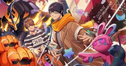 1010_mumumu 2boys animal_ears animification bandages banjou_ryuuga black_hair blue_eyes brown_eyes brown_hair brown_jacket candy chemy chibi chibi_inset clothes_around_waist cosplay cross-z_dragon dragon fire flame_print food frankenstein frankenstein&#039;s_monster frankenstein&#039;s_monster_(cosplay) halloween halloween_costume happy_halloween heterochromia highres horns jack-o&#039;-lantern jacket jacket_around_waist jumpsuit kamen_rider kamen_rider_build kamen_rider_build_(rabbittank_form) kamen_rider_build_(series) kamen_rider_gotchard_(series) kiryuu_sento lollipop looking_at_viewer male_focus multiple_boys orange_jumpsuit prison_clothes pumpkin red_eyes shirt short_hair smile stitches striped_clothes striped_shirt tokusatsu trick_or_treat twitter_username wings