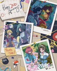  6+girls anniversary apple_(reverse:1999) black_hair blanket blue_eyes brown_hair carbuncle_(reverse:1999) character_figure crocodile crocodilian cupcake dance_floor dark-skinned_female dark_skin disco disco_ball dress english_text fatutu finger_to_mouth flower flutterpage food hair_flower hair_ornament hair_over_one_eye happy_anniversary highres holding holding_blanket holding_hands index_finger_raised kiperina lopera_(reverse:1999) maid maid_headdress mercuria_(reverse:1999) moldir_(reverse:1999) multiple_girls navel one_eye_covered paint picnic_blanket polaroid_photo purple_dress reverse:1999 shirt short_hair shushing smile swaddled tuesday_(reverse:1999) vinyl_record white_flower white_shirt willow_(reverse:1999) yurax-mae 