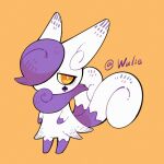  1girl alternate_color alternate_shiny_pokemon animal_ears artist_name bags_under_eyes bangs body_fur colored_sclera commentary_request facial_mark flat_chest full_body fur_collar furry furry_female hair_over_one_eye half-closed_eyes highres looking_to_the_side meowstic meowstic_(female) multiple_tails no_mouth one_eye_covered orange_background orange_eyes pokemon pokemon_(creature) purple_fur purple_hair short_hair signature simple_background sketch solo spade_(shape) standing tail two-tone_fur two_tails white_fur wulie_errr yellow_sclera 