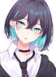  1girl aqua_eyes aqua_hair bangs black_hair bob_cut collar colored_inner_hair crossed_bangs earrings eyebrows_visible_through_hair ichiki_1 jewelry looking_at_viewer mole mole_under_eye multicolored_hair necktie original portrait school_uniform short_hair solo two-tone_hair white_background 