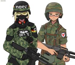  2girls absurdres armor assault_rifle black_gloves black_hair blonde_hair blue_eyes body_armor camouflage german_flag glasses gloves goggles gun hair_between_eyes highres holding holding_gun holding_weapon koalakanru long_sleeves m16 mask military_uniform mouth_mask multiple_girls nazi original pauldrons reichsadler rifle short_hair short_sleeves shoulder_armor siegrunen ss_insignia waffen-ss weapon yellow_eyes 