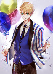  1boy ahoge aqua_eyes arthur_pendragon_(fate) arthur_pendragon_(formal_dress)_(fate) artist_name balloon blonde_hair blue_necktie blue_vest bow brown_pants buttons chain collared_shirt cowboy_shot fate/grand_order fate_(series) formal_clothes gold_chain hair_between_eyes hands_up holding holding_balloon jacket lapels long_sleeves looking_at_viewer male_focus necktie official_alternate_costume open_clothes open_jacket pants pvc_parfait shirt short_hair simple_background smile solo sparkle standing striped_clothes striped_jacket striped_pants teeth v-shaped_eyebrows vest white_background white_bow white_jacket white_shirt 