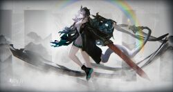  1girl absurdres arknights black_hair colored_skin dragon_girl dragon_horns dragon_tail dusk_(arknights) earrings eastern_dragon_tail gradient_skin green_hands green_horns green_skin hair_over_one_eye highres horns jewelry pointy_ears red_eyes tail tassel tassel_earrings yang_xi_dd 