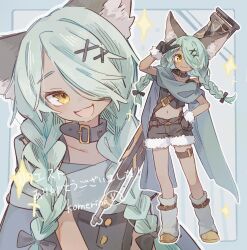  1girl :3 :d absurdres animal_ear_fluff animal_ears arm_up artist_name belt belt_collar black_bow black_collar black_gloves black_panties black_shirt black_shorts blue_background blush bow braid brown_belt cape closed_mouth collar collarbone commentary commission crop_top dark-skinned_female dark_skin dot_nose flat_chest fox_girl full_body fur-trimmed_gloves fur-trimmed_shorts fur_trim gloves green_cape green_hair green_socks gun hair_bow hair_ornament hair_over_one_eye hand_on_own_hip head_tilt highleg highleg_panties highres huge_weapon kneehighs komerina light_blush long_hair looking_at_viewer low_twin_braids midriff multiple_views navel one_eye_covered open_mouth original panties panty_straps parted_bangs shirt shoes shorts signature sleeveless sleeveless_shirt smile socks standing star_(symbol) thigh_strap translated twin_braids underwear upper_body v weapon weapon_on_back x_hair_ornament yellow_eyes yellow_shoes 