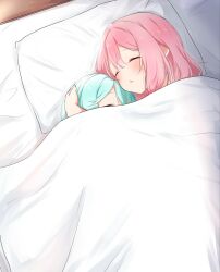  2girls amaori_renako blue_hair closed_eyes commentary cuddling from_above hashtag-only_commentary highres koyanagi_kaho medium_hair multiple_girls nuooooodoomo parted_lips pillow pink_hair under_covers watashi_ga_koibito_ni_nareru_wake_naijan_murimuri! yuri 