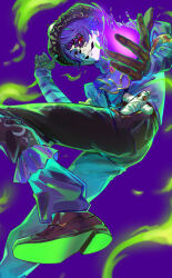  1boy absurdres adjusting_clothes adjusting_headwear ascot black_eyes black_hat black_pants brown_gloves brown_shoes cross-shaped_pupils facepaint feet_out_of_frame fire flower_facial_mark frilled_ascot frills gem gloves gold_trim green_light hat heterochromia highres identity_v leg_up looking_at_viewer male_focus norton_campbell norton_campbell_(soul_catcher) official_alternate_costume pants parted_lips pink_gemstone puffy_sleeves purple_ascot purple_fire purple_shirt rakkasei_(enke5758) red_eyes shirt shoes skull_facepaint solo symbol-shaped_pupils 