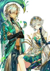  absurdres argus_(reverse:1999) bare_shoulders bird black_sleeves blonde_hair blue_gemstone blue_pants braid breasts cape coat cowboy_shot crossed_arms crossed_legs denim dress earrings elbow_gloves eternity_(reverse:1999) feet_out_of_frame gem gem_hair_ornament gloves gold_hairband green_cape green_dress green_gloves grey_eyes grin hairband hand_up highres jeans jewelry long_bangs long_dress long_hair looking_at_viewer medium_breasts navel necklace no_bra official_alternate_costume pants peacock reverse:1999 scar scar_across_eye scar_on_face side_slit single_braid single_elbow_glove single_sleeve sitting sleeveless sleeveless_dress smile teardrop_earrings very_long_hair weiyan_(nbnbmwnl) white_background white_coat white_hair yellow_eyes 