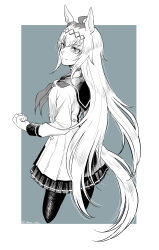  1girl absurdres ahoge animal_ears brooch closed_mouth ear_ornament greyscale hair_between_eyes hair_ornament hairband haru_rice highres horse_ears horse_girl horse_tail jacket jewelry long_hair long_sleeves monochrome multicolored_hair neckerchief oguri_cap_(starlight_beat)_(umamusume) oguri_cap_(umamusume) pantyhose sailor_collar shirt skirt smile solo star_brooch tail umamusume 