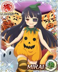  1girl bat_(animal) black_hair blunt_bangs border card_(medium) eyepatch fang flat_chest food-themed_hair_ornament game_cg ghost hair_ornament halloween halloween_costume happy_halloween jack-o&#039;-lantern long_hair mirai_(senran_kagura) mitsudomoe_(shape) non-web_source official_art open_mouth orange_thighhighs pumpkin pumpkin_costume pumpkin_hair_ornament pumpkin_hat red_eyes senran_kagura senran_kagura_new_wave smile solo striped_clothes striped_thighhighs thigh-highs tomoe_(symbol) trick_or_treat 
