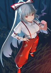  1girl absurdres boots bow breasts burnt_clothes clenched_hand collared_shirt commentary_request from_above fujiwara_no_mokou full_body hair_bow hand_on_own_hip highres large_breasts long_hair looking_at_viewer outdoors pants red_boots red_eyes red_pants shirt sidelocks simple_background smoke smoke_trail smoking solo touhou tree urizaku3 very_long_hair white_hair white_shirt 