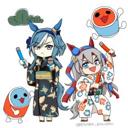  2boys 2girls :d admire_groove_(umamusume) animal_ears black_kimono blue_bow blue_eyes blue_hairband bow crossover drum drumsticks ear_bow ear_covers fang grey_hair grey_tail hair_between_eyes hairband highres holding holding_drumsticks horse_ears horse_girl horse_tail instrument japanese_clothes kimono long_hair long_sleeves mole mole_under_mouth multiple_boys multiple_girls obi pakatube piyoko_kankan sash short_hair_with_long_locks simple_background smile striped_clothes striped_hairband taiko_drum taiko_no_tatsujin tail tamamo_cross_(umamusume) twitter_username umamusume violet_eyes wada_don wada_katsu white_background white_kimono white_streaks wide_sleeves yukata 