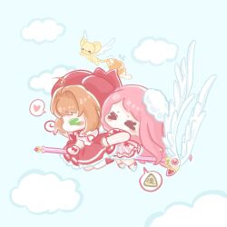  &gt;_&lt; 2girls angel_wings animal ankle_socks antenna_hair bare_legs beret bloom_poetry_(shining_nikki) blue_sky blush_stickers boots bow bowtie brown_hair cardcaptor_sakura cat chibi chinese_commentary cloak clothed_animal clothes_writing clouds commentary_request crossover day dress dress_ribbon ear_covers ferret flying flying_sweatdrops frilled_dress frilled_gloves frilled_sleeves frills fur_hat gloves hair_intakes hat hat_bow heart highres holding holding_another&#039;s_tail holding_wand hood hood_up hooded_cloak kero_(cardcaptor_sakura) kinomoto_sakura kinomoto_sakura_(magician) long_hair long_sleeves magical_girl medium_dress mini_hat momo_(nikki) multiple_girls nikki_(nikki) nikki_(series) no_mouth outdoors pinafore_dress pink_dress pink_hair plaid_clothes plaid_dress pleated_dress puffy_short_sleeves puffy_sleeves red_boots red_bow red_bowtie red_dress red_hat red_ribbon ribbon ribbon_legwear riding shining_nikki shirt shoes short_hair short_sleeves sign sky sleeve_bow sleeveless sleeveless_dress sleeves_past_wrists socks speech_bubble spoken_heart spoken_object striped_clothes striped_shirt striped_socks tail turtleneck turtleneck_shirt vertical-striped_clothes vertical-striped_shirt vertical-striped_socks very_long_hair wand warning_sign white_bow white_cat white_gloves white_hat white_shirt white_shoes white_socks white_wings winged_animal wings wrist_bow xiaoyu_qixing yellow_cloak 