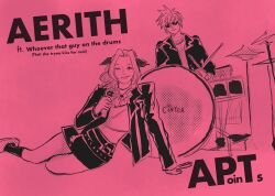  1boy 1girl aerith_gainsborough apt._(rose_&amp;_bruno_mars) artist_name black_jacket black_skirt black_socks bruno_mars bruno_mars_(cosplay) canteatea character_name choker cloud_strife cosplay crop_top drum drum_set drumsticks english_text final_fantasy final_fantasy_vii final_fantasy_vii_rebirth final_fantasy_vii_remake flower_choker hair_ribbon highres holding holding_drumsticks holding_mirror instrument jacket long_hair lying miniskirt mirror monochrome on_side one_eye_closed parted_bangs parted_lips pink_background ribbon rose_(blackpink) rose_(blackpink)_(cosplay) sharp_teeth short_hair sidelocks skirt smile socks sunglasses teeth 