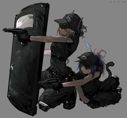  2girls absurdres aiming animal_ears arknights armor ballistic_shield black_gloves black_hat black_horns black_pants black_shirt black_tail blue_hair closed_mouth clothes_writing dated dragon_girl dragon_horns ears_through_headwear english_commentary finger_on_trigger full_body gloves green_eyes grey_background grey_hair gun handgun hat highres holding holding_gun holding_weapon horns jessica_(arknights) knee_pads liskarm_(arknights) multicolored_hair multiple_girls one_eye_covered pants peaked_cap pink_eyes pink_hair pppmepl shield shirt short_hair short_sleeves simple_background strap streaked_hair tail weapon 