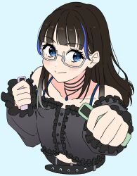  1girl animification belt black_belt black_hair black_shirt blue_background blue_eyes blue_streaks blunt_bangs closed_mouth collarbone commentary_request controller cropped_torso game_controller glasses grey-framed_eyewear highres holding holding_controller holding_game_controller jewelry joy-con llkapital long_hair looking_at_viewer necklace nonaka_kokona off-shoulder_shirt off_shoulder real_life semi-rimless_eyewear shirt simple_background smile solo split_mouth under-rim_eyewear upper_body voice_actor 