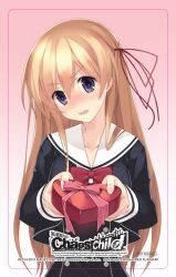  1girl blonde_hair blush bow box buttons chaos;child chest_bow chocolate collarbone copyright_name cropped_jacket double-breasted dress_vest fingernails food gift hair_between_eyes hair_ribbon heart-shaped_box hekiho_academy_school_uniform highres holding holding_chocolate holding_food holding_gift kurusu_nono lips long_hair long_sleeves miniskirt official_art open_mouth red_bow red_ribbon ribbon sailor_collar sasaki_mutsumi school_uniform science_adventure skirt solo tongue valentine violet_eyes white_sailor_collar 