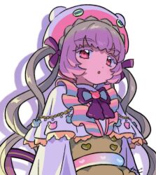  1girl :o bear_hat blonde_hair capelet commentary_request hair_ribbon hanitan hat highres long_hair looking_at_viewer multicolored_hair pink_eyes pretty_series purple_hair purple_ribbon quad_tails ribbon rituyama1 simple_background solo two-tone_hair upper_body waccha_primagi! white_background white_capelet white_hat 