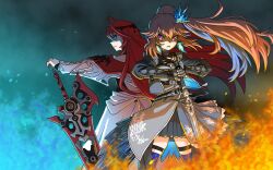 2girls ahoge armor belt blue_fire blue_hair colored_inner_hair elizabeth_rose_bloodflame elizabeth_rose_bloodflame_(1st_costume) fire gloves gradient_hair highres hololive hololive_english long_hair multicolored_hair multiple_girls orange_hair ponytail red_eyes red_hair spriggantweet sword takanashi_kiara takanashi_kiara_(knight) two-tone_hair virtual_youtuber weapon 
