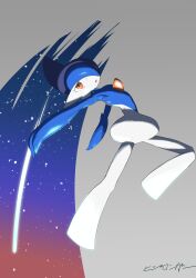  1other absurdres alternate_color arched_back arm_blade blue_hair blue_sky colored_skin facing_to_the_side gallade gradient_sky grey_background highres knee_up leaning_back looking_at_viewer midair mohawk multicolored_skin night night_sky orange_sky outstretched_arms pokemon pokemon_(creature) pokemon_focus red_eyes shiny_pokemon sky solo two-tone_skin user_wfex5227 weapon wide_hips 