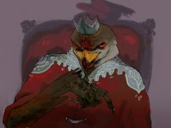  1boy bird_boy brown_feathers claws coat commentary_request crown feathers furry furry_male hand_up looking_at_viewer male_focus nagabe orange_eyes original purple_background red_coat simple_background sitting solo throne upper_body 