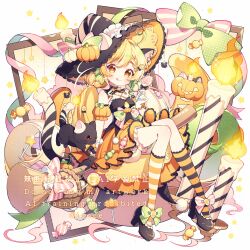  1girl :q animal animal_ears bare_shoulders black_hat black_shirt black_shoes blonde_hair blush_stickers bow broom broom_riding candle candy cat cat_ears cat_girl cat_tail closed_mouth commentary detached_sleeves food footwear_bow full_body green_bow green_streaks halloween hat holding holding_candy holding_food holding_lollipop hyou_(pixiv3677917) lollipop lollipop_hair_ornament long_hair looking_at_viewer low_twintails multicolored_hair orange_skirt orange_sleeves orange_socks original pink_bow polka_dot polka_dot_bow pumpkin shirt shoes short_sleeves signature simple_background sitting skirt sleeveless sleeveless_shirt smile socks solo streaked_hair striped_bow striped_clothes striped_socks swirl_lollipop symbol-only_commentary tail tongue tongue_out twintails watermark white_background witch_hat wrapped_candy yellow_eyes 