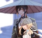  1boy 1girl bangs blurry blurry_background closed_eyes coat commentary_request day detached_sleeves dress eyebrows_visible_through_hair flower genshin_impact hair_between_eyes hair_flower hair_ornament highres itsumi2 long_hair lumine_(genshin_impact) multicolored_hair oil-paper_umbrella open_mouth orange_eyes outdoors rain short_hair_with_long_locks umbrella upper_body wet white_dress white_flower zhongli_(genshin_impact) 