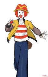  1girl absurdres baggy_pants bracelet clown cosplay denim facepaint harmony_(pokemon) hat highres holding holding_poke_ball jacket jeans jewelry looking_to_the_side open_clothes open_jacket pants poke_ball pokemon pokemon_legends:_z-a red_hair red_hat ronald_mcdonald ronald_mcdonald_(cosplay) shirt striped_clothes striped_shirt trilby user_wfex5227 white_background yellow_jacket 