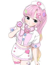  1girl :3 anyoji_hime bandaid bandaid_hair_ornament blonde_hair blush closed_mouth collared_shirt commentary cowboy_shot curtained_hair gauze gauze_on_leg gradient_hair hair_intakes hair_ornament hairclip hat heart heart_hair_ornament highres holding holding_stethoscope link!_like!_love_live! long_hair looking_at_viewer love_live! midriff miniskirt multicolored_hair navel nurse_cap official_alternate_costume parallel_hairclips pencil_skirt pill_hair_ornament pink_hair pink_shirt shirt short_sleeves side_ponytail sidelocks simple_background single_thighhigh skirt smile solo stethoscope stethoscope_around_neck tazaki_masanobu thigh-highs very_long_hair virtual_youtuber vital_sign_(love_live!) white_background white_skirt white_thighhighs x_hair_ornament 