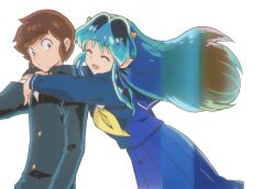  1boy 1girl aqua_hair arms_around_neck blue_sailor_collar blue_serafuku blue_shirt blue_skirt brown_hair closed_eyes gakuran gold_buttons hetero horns hug hug_from_behind long_hair lum moroboshi_ataru neckerchief open_mouth pleated_skirt pointy_ears qrhara555 sailor_collar school_uniform serafuku shirt short_hair sidelocks skirt smile upper_body urusei_yatsura white_background yellow_neckerchief 