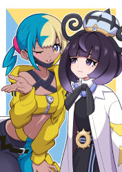  2girls aqua_hair belt belt_buckle black_dress black_hair black_pants blonde_hair blue_background blue_pants bob_cut border buckle canari_(pokemon) closed_mouth coat crop_top cropped_jacket dark-skinned_female dark_skin dress eyelashes gradient_hair gwynn_(pokemon) hat highres jacket long_sleeves looking_at_another looking_at_viewer mask_pull multicolored_hair multiple_girls navel o-ring o-ring_belt one_eye_closed open_clothes open_coat open_jacket outline outside_border pants parted_lips pokemon pokemon_legends:_z-a purple_hair short_hair split-color_hair two-tone_background two-tone_hair two-tone_pants white_border white_coat white_outline yellow_background yellow_jacket yuu_(jgvj7873) 