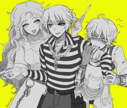  1girl 2boys :d ada_mesmer ahoge bandaged_head bandaged_neck bandaged_torso bandages biting_another&#039;s_clothes bruise bruised_eye closed_eyes collar crossed_bangs emil_(identity_v) fang glint gloves half-closed_eye holding holding_hands holding_scalpel identity_v injury keyring long_hair looking_at_another luca_balsa makeup mask mask_around_neck metal_collar multiple_boys partially_colored popped_collar runny_makeup scalpel shaded_face sharp_teeth shirt single_tear small_sweatdrop smile striped_clothes striped_shirt teeth tendenbarabara twitter_username wavy_hair yellow_background 