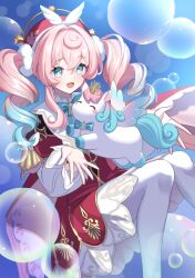  1girl 1other aqua_bow aqua_eyes aqua_hair beret blush bow commentary crown dress feathered_wings gold_crown gradient_hair hat honkai:_star_rail honkai_(series) hyacine_(honkai:_star_rail) kiki-yu little_ica_(honkai:_star_rail) long_hair long_sleeves looking_at_another mini_crown multicolored_hair open_mouth pantyhose pink_hair red_dress red_hat smile twintails white_pantyhose wings 
