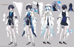  1boy alternate_costume angel angel_wings arm_ribbon arms_at_sides arrow_(symbol) ascot belt beret black_hair black_ribbon black_shoes black_shorts black_vest blue_ascot blue_ribbon blue_wings blunt_ends bridal_gauntlets capelet closed_mouth collar disembodied_hand expressionless facing_away feather_sleeves feathered_wings feathers fingernails formal_clothes genshin_impact gold_buckle gold_ring gradient_wings grey_hair hat hat_feather highres jewelry kneehighs layered_shorts long_eyelashes long_sleeves looking_at_viewer male_focus middle_ring multicolored_hair multicolored_wings multiple_views neyti_(neytirv) open_hand pom_pom_(clothes) reference_sheet ribbed_socks ribbon scaramouche_(genshin_impact) shoes shorts socks solo split_mouth standing streaked_hair striped_ribbon tassel thigh_belt thigh_strap thighlet vest violet_eyes wanderer_(genshin_impact) white_bridal_gauntlets white_capelet white_collar white_hat white_shorts white_sleeves white_socks white_wings wide_sleeves wings wispy_bangs yellow_feathers 