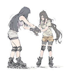  2girls beerenfuchs bike_shorts bike_shorts_under_shorts black_shoes blunt_bangs blunt_ends bow breasts full_body grey_eyes grey_shirt hair_between_eyes hair_bow hair_tie highres hime_cut holding_hands hyuuga_hanabi hyuuga_hinata inline_skates knee_pads large_breasts long_hair low-tied_long_hair medium_breasts multiple_girls naruto_(series) parted_lips pink_bow ribbon roller_skates shirt shoes short_hair shorts siblings sidelocks sisters skates skating sketch sleeveless sleeveless_shirt sweatdrop white_background white_ribbon white_shirt white_shorts yellow_shorts 