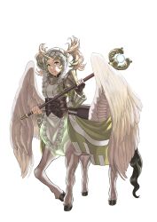  1girl armor back_bow backlighting black_tail blonde_hair blue_eyes body_fur bow brown_corset brown_gloves button_hair_ornament centaur corset dress eyelashes feathered_wings feathers fingerless_gloves fingernails fire_emblem fire_emblem_awakening gloves gorget headdress highres holding holding_staff hooves horse_tail kozaki_yuusuke_(style) lissa_(fire_emblem) long_sleeves looking_at_viewer mage_staff monster_girl multiple_legs parted_bangs pauldrons peacefulandflat pegasus saddle shoulder_armor smile solo staff standing_on_three_legs tail taur twintails unicorn_horn white_armor white_bow white_feathers white_fur white_headdress white_wings wide_sleeves winged_unicorn wings yellow_dress 