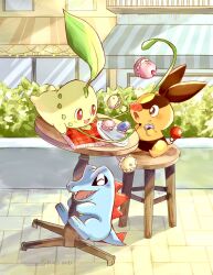  blush brown_eyes chair chikorita closed_eyes day food highres katiwari7293 leaf macaron no_humans open_mouth outdoors plant plate pokemon pokemon_(creature) pokemon_focus pokemon_legends:_z-a red_eyes sharp_teeth sitting smile starter_pokemon_trio table teeth tepig totodile vines 