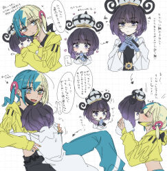  2girls :d :o belt belt_buckle black_dress black_hair black_pants blonde_hair blue_eyes blue_nails blue_pants bob_cut buckle canari_(pokemon) character_doll closed_mouth coat commentary_request crop_top doll dress gloves gradient_hair grid_background gwynn_(pokemon) hat heart highres holding holding_doll hug jacket kiss kissing_object long_sleeves looking_at_another multicolored_hair multicolored_nails multiple_girls o-ring o-ring_belt open_mouth pants partially_fingerless_gloves pokemon pokemon_legends:_z-a purple_hair sakizome short_hair smile speech_bubble translation_request twintails two-tone_nails two-tone_pants violet_eyes white_coat yellow_jacket yellow_nails yuri 