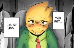  1girl 2025 2d alphys anthro buck_teeth collared_shirt colored_skin crying crying_with_eyes_open deltarune derivative_work digital_media dinosaur dinosaur_girl english_text female formal_clothes freckles glasses green_shirt green_suit highres indoors lizard lizard_girl meme monster monster_girl movie_theater necktie oshi_no_ko parody portrait profanity red_necktie reptile reptile_girl scalie shirt solo_focus straight-on suit tears teeth text theater theater_seating this_shit_is_so_ass_(meme) uchulups utdr_(toby_fox) variant_set yellow_eyes yellow_skin 