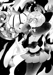  1girl blunt_bangs bob_cut bow breasts chandelier chandelure elbow_gloves fire gh_(ront) ghost glasses gloves large_bow low-cut monochrome neck_pillow pokemon pokemon_(creature) pokemon_bw rimless_eyewear round_eyewear shauntal_(pokemon) short_hair smile 