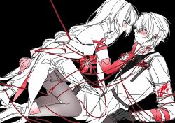  1boy 1girl ankle_boots arm_support arm_wrap assertive_female bare_shoulders black_background black_pantyhose blood blood_on_clothes blush boots bound boutonniere braid bridal_gauntlets commentary_request couple evil_smile eye_contact face-to-face flower from_side gloves hair_between_eyes hand_on_another&#039;s_chin hetero high_heel_boots high_heels highres holding_another&#039;s_wrist ilsijeongj2213 kneeling korean_commentary leaning_back leaning_forward long_hair looking_at_another low-braided_long_hair low-tied_long_hair miniskirt nose_blush oc_x_canon original pantyhose parted_lips phrolova_(wuthering_waves) pleated_skirt reclining red_bridal_gauntlets red_eyes red_flower red_sleeves rether_(ilsijeongj2213) short_hair simple_background single_braid single_bridal_gauntlet skirt smile spider_lily spot_color string string_of_fate sweatdrop thigh_strap tied_up_(nonsexual) very_long_hair very_short_hair wuthering_waves yandere 