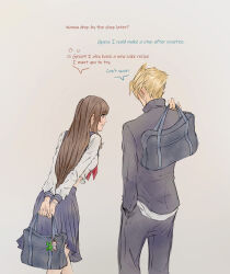  1boy 1girl absurdres anna_m bag black_jacket black_pants blonde_hair blue_sailor_collar blue_skirt breasts brown_hair character_charm charm_(object) cloud_strife cloud_strife_(midgard_seventh_high_school) delinquent english_text feet_out_of_frame final_fantasy final_fantasy_vii final_fantasy_vii_ever_crisis from_behind gakuran grey_background hand_in_pocket hashtag-only_commentary height_difference highres holding holding_bag jacket leaning_forward long_hair long_sleeves looking_at_another medium_breasts moogle neckerchief official_alternate_costume pants parted_lips pleated_skirt red_eyes red_neckerchief sabotender sailor_collar school_bag school_uniform serafuku short_hair simple_background skirt spiky_hair tifa_lockhart tifa_lockhart_(midgard_seventh_high_school) walking white_serafuku 