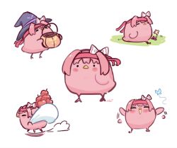  &gt;_&lt; 1girl animalization apple beak bird blush blush_stickers bow bug butterfly closed_eyes closed_mouth flower food fruit grass hairband halloween_bucket haru_urara_(umamusume) hat headband highres holding holding_sack open_mouth pink_hair pink_headband recursive_animalization red_headband sack sitting smile tail ukichan22905846 umamusume white_bow wings witch_hat 