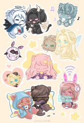  &gt;_&lt; &gt;_o =_= absurdres angel_and_devil angel_wings animal animal_ear_headphones animal_ear_piercing animal_ears animal_focus animalization apple assault_rifle barbell_piercing bare_shoulders black-framed_eyewear black_dress black_hair black_halo black_leotard black_wings blonde_hair blue_butterfly blue_cloak blue_eyes blue_hair blue_jacket blue_wings blush_stickers bracelet brown_hair bug butterfly butterfly_on_hand butterfly_on_nose cat character_request charmonroe_(shining_nikki) chewing circlet cloak closed_eyes closed_mouth clothed_animal colored_eyelashes demon_wings dress drink ear_piercing ears_through_headwear eating elbow_gloves eyewear_on_head fairy_wings fake_animal_ears fangs feathered_wings fighting flower food food_bite fruit gloves goddess_of_desire_(shining_nikki) gold_circlet gown green_eyes gun hair_between_eyes hair_ornament hair_over_shoulder halo hand_on_own_chin headphones heart highres holding holding_drink holding_food holding_fruit holding_gun holding_star holding_tablet_pc holding_weapon hood hood_down hood_up hooded_cloak hooded_jacket horn_flower industrial_piercing jacket jewelry leonid_(shining_nikki) leotard lightning_bolt_symbol lipstick_mark long_dress long_hair lying medium_hair messy_hair milk_carton modric_(shining_nikki) multicolored_leotard musical_note nape_braid netga_(shining_nikki) nikki_(nikki) nikki_(series) no_humans no_mouth on_stomach one_eye_closed open_clothes open_jacket open_mouth ophelia_(shining_nikki) outline parted_bangs pawpads piercing pillow pink_hair plant playing_games polishing ponytail print_dress purple_dress purple_gloves purple_scarf rabbit_ear_headphones rabbit_ears red_hair rifle robot rose scarf shining_nikki short_hair short_ponytail simple_background skeletal_wings sleeveless sleeveless_dress solid_oval_eyes star_(symbol) star_hair_ornament star_print star_sea_(nikki) strapless strapless_dress sunglasses tablet_pc teeth traditional_halo triangular_eyewear two-tone_leotard upper_teeth_only v-shaped_eyes very_long_hair vines violet_eyes watermark wavy_hair weapon weibo_watermark white_cloak white_gloves white_hair white_leotard white_outline white_wings wings xiaoyu_qixing yeeso_(shining_nikki) yellow_background yellow_flower yellow_rose 