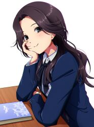  1girl 22/7 absurdres blue_jacket book closed_mouth collared_shirt curtained_hair desk elbow_rest green_nails grey_eyes grey_hair highres igashiko jacket long_hair long_sleeves looking_at_viewer orihara_sumika school_desk shirt simple_background smile solo upper_body white_background white_shirt 