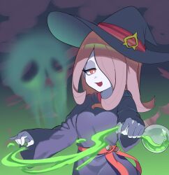  1girl :d belt clouds dark_cloud drugged_mush eyeshadow green_light green_liquid hat highres holding_potion little_witch_academia long_hair luna_nova_school_uniform makeup pink_hair potion red_belt red_eyes school_uniform sidelocks skull_cloud smile sucy_manbavaran witch witch_hat 