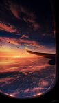  absurdres aircraft airplane airplane_wing bird chinese_commentary city city_lights clouds evening highres horizon no_humans original scenery sky skyrick9413 star_(sky) sunset window 