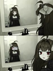  1girl ahoge animal_on_head bandaid bandaid_on_cheek bandaid_on_face black_dress brown_hair bug cable cable_tail different_reflection dress electric_plug electric_plug_tail error_message hair_intakes highres indoors long_hair looking_at_mirror looking_at_viewer mechanical_tail mirror moth on_head open_mouth original red_eyes reflection smile solo tail vickie_(cryingrobot) vickie_(cryingrobot)_(character) 